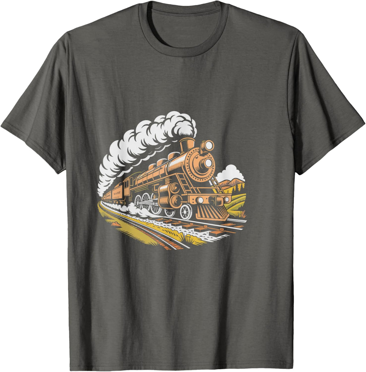 Model Train Enthusiast Vintage American Steam Railroad Flag T-Shirt - Asphalt Grey