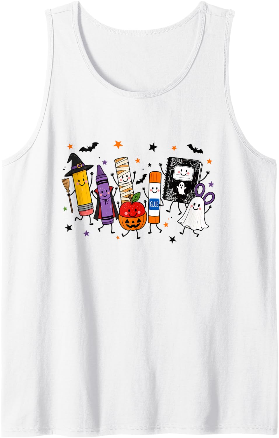 Cute School Supplies Halloween Ghost Teacher Witch Pumpkin Sleeveless Tank Top - White