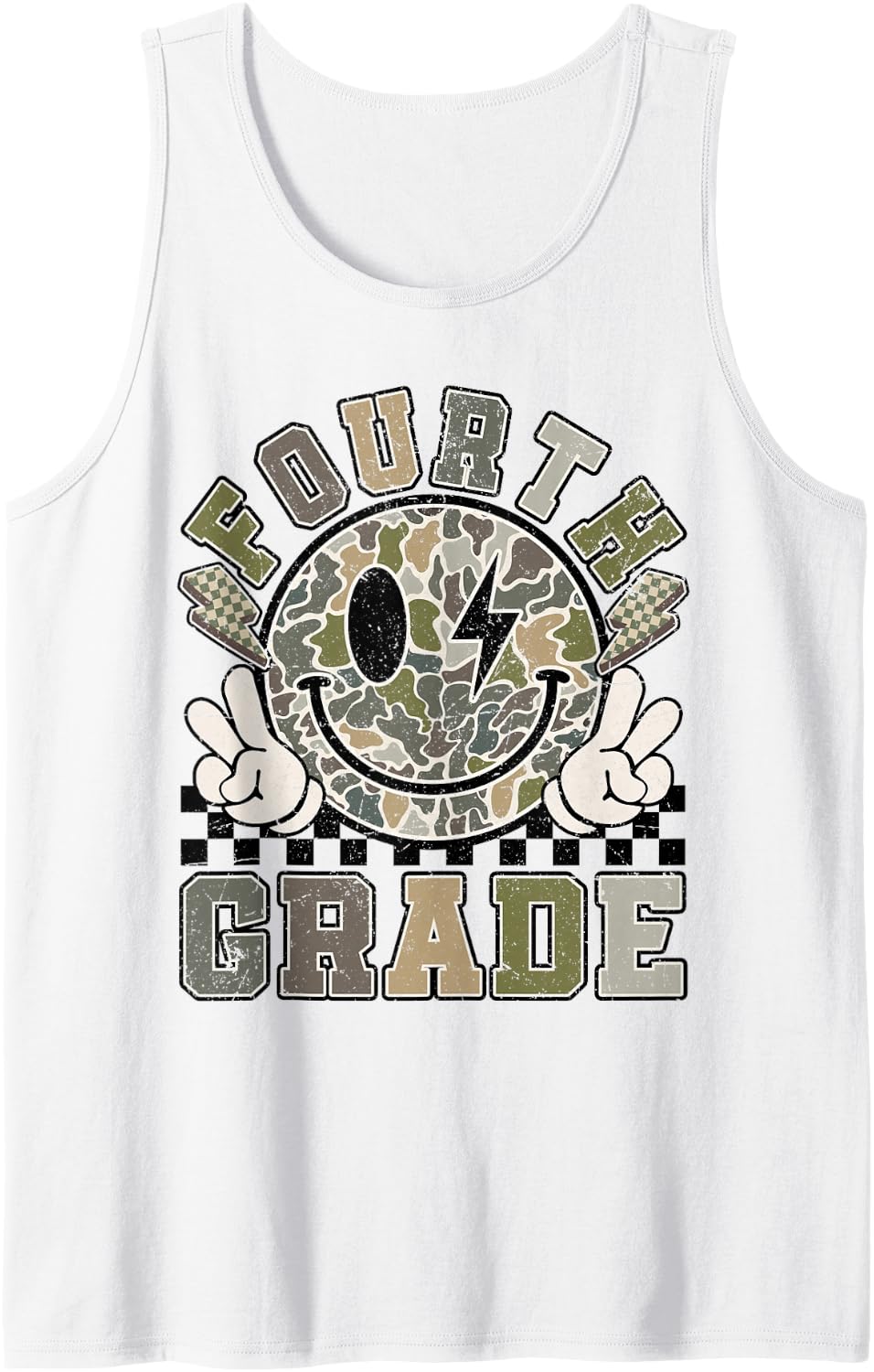 Fourth Grade Camo Smile Face Back to School Student Teacher Sleeveless Tank Top - White