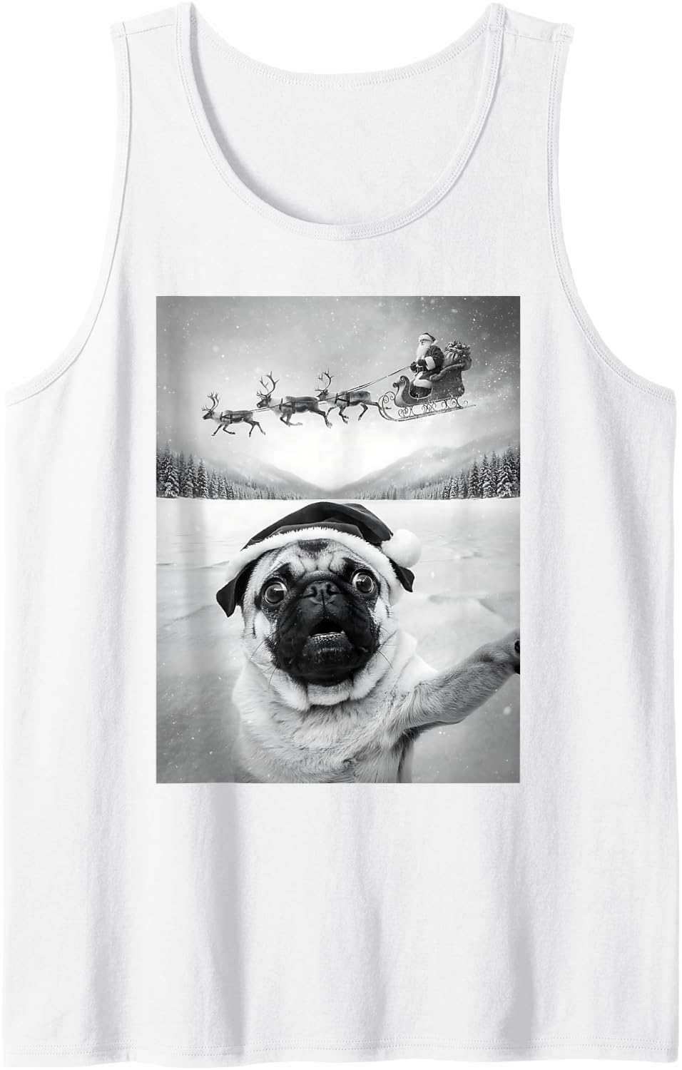 Funny Pug Christmas Selfie with Santa Sleigh Dog Lover Sleeveless Tank Top - White