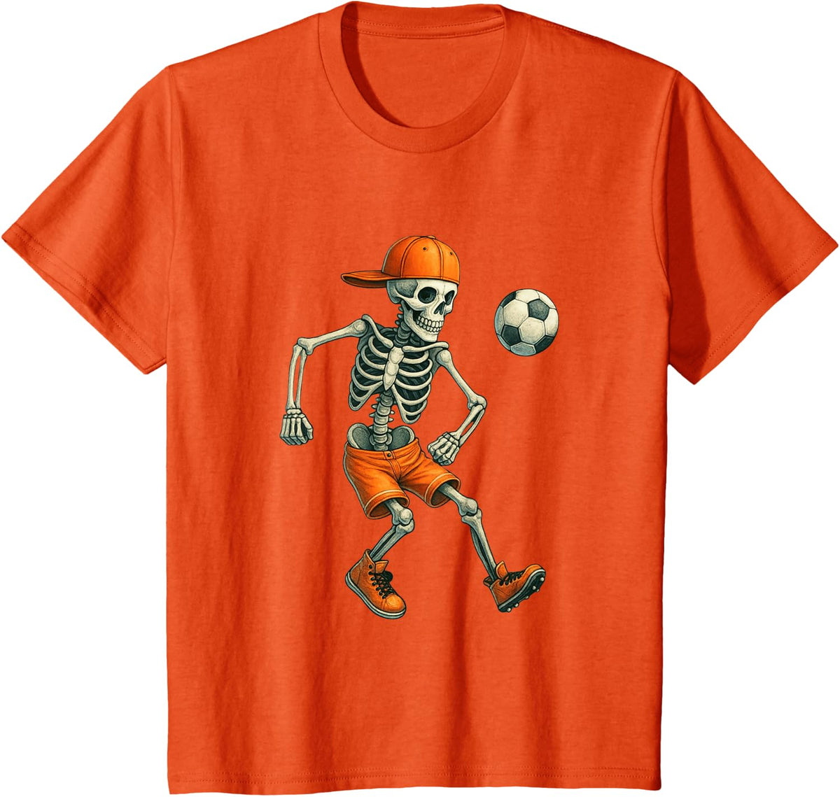 Halloween Skeleton Soccer Ball Spooky Season Sports Men Boys T-Shirt - Orange