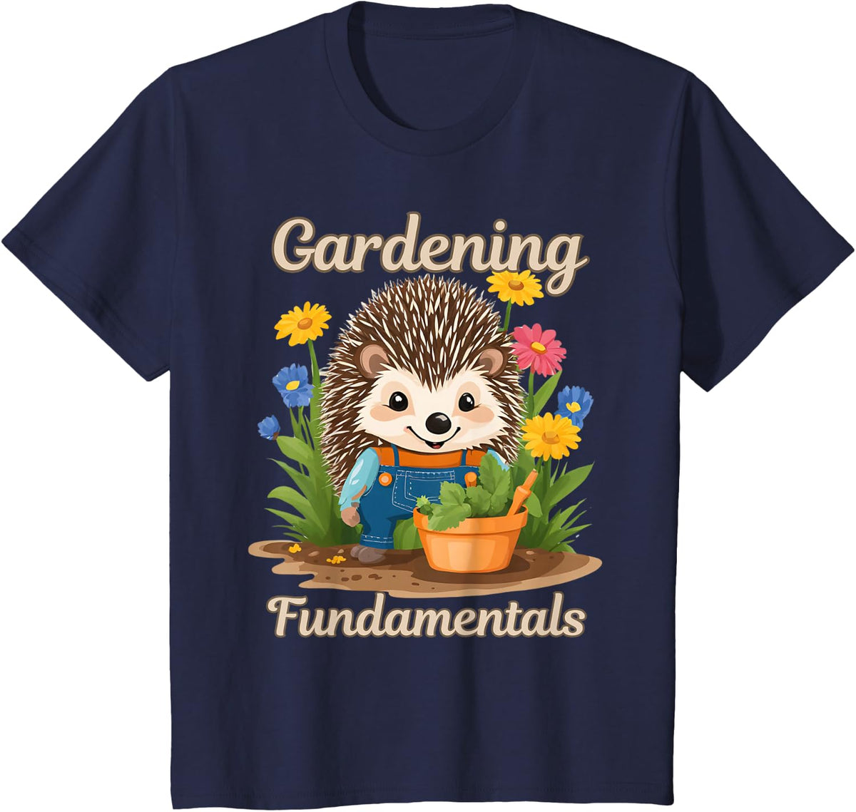Kids FUNNY CUTE GARDENING HEDGEHOG T-Shirt - Navy Blue