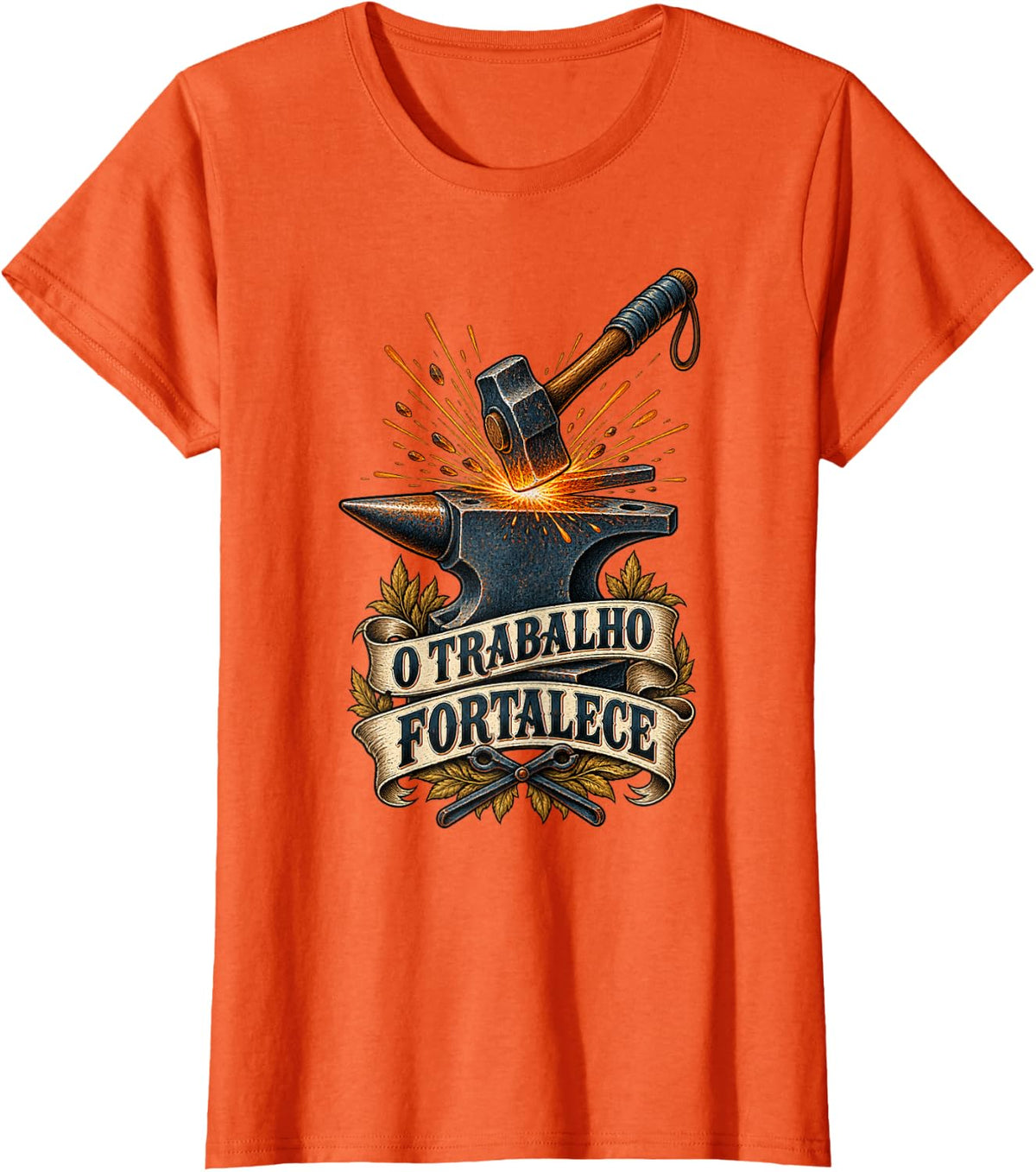 Portuguese Saying Blacksmith Hammer Anvil Design T-Shirt - Orange