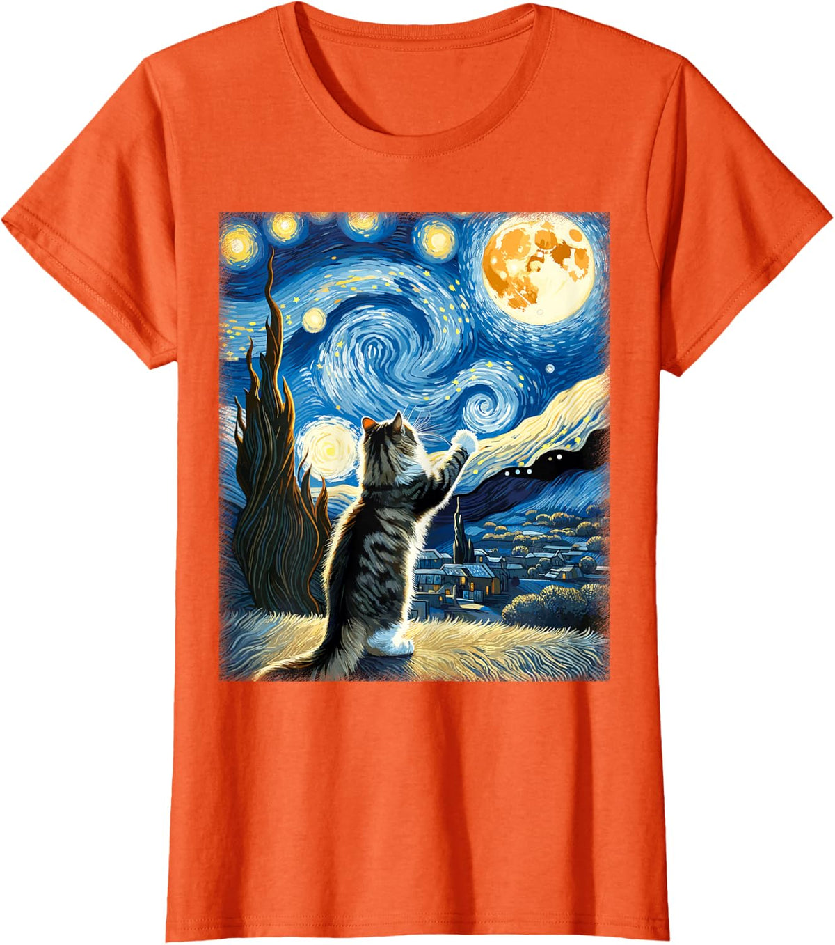 Van Gogh Starry Night Style Artistic Norwegian Forest Cat T-Shirt - Orange