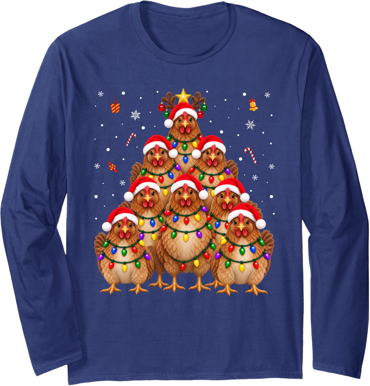 Chicken Christmas Tree Santa Hats Lights Xmas Long Sleeve T-Shirt - Adult Unisex Navy Blue