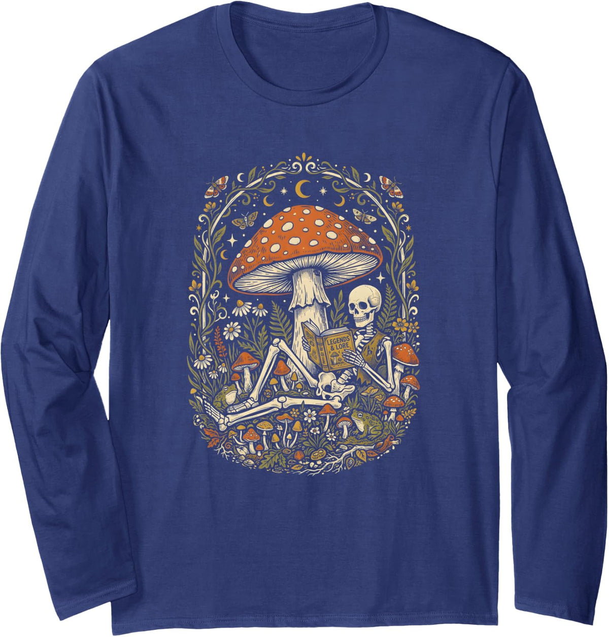 Skeleton Reading Book Under Mushroom Dark Academia Forest Long Sleeve T-Shirt - Adult Unisex Navy Blue