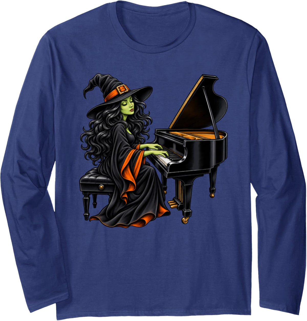 Witch Playing Piano Musician Music Halloween Long Sleeve T-Shirt - Adult Unisex Navy Blue