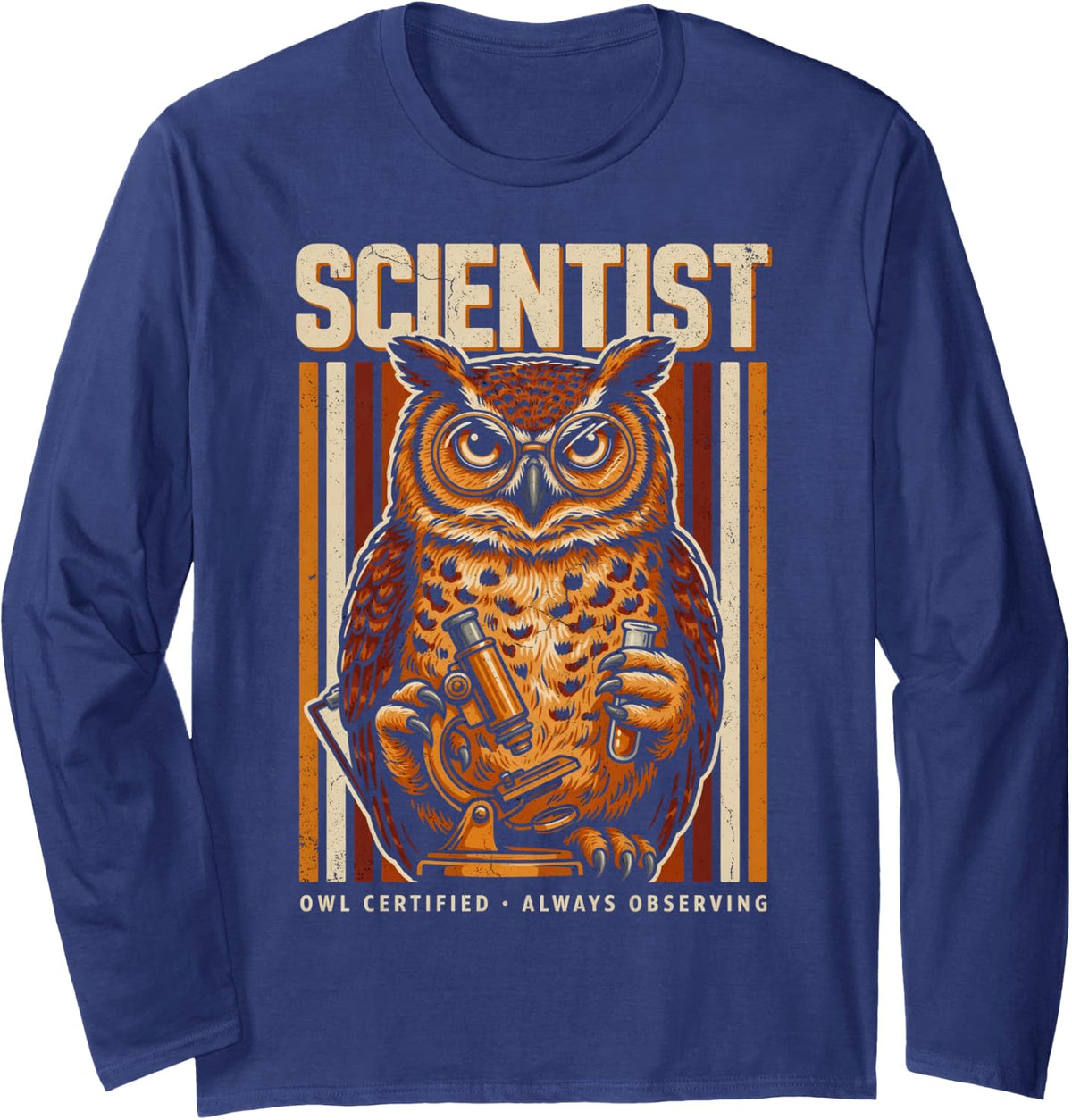 Scientist Owl Certified Always Observing Scholar Long Sleeve T-Shirt - Adult Unisex Navy Blue