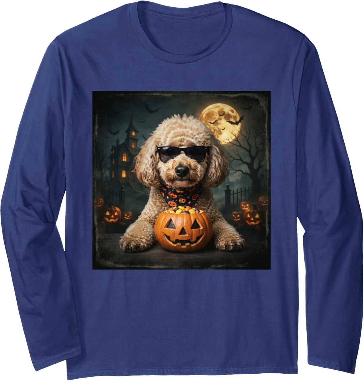 Goldendoodle Ghost Pumpkin Halloween Long Sleeve T-Shirt - Adult Unisex Navy Blue