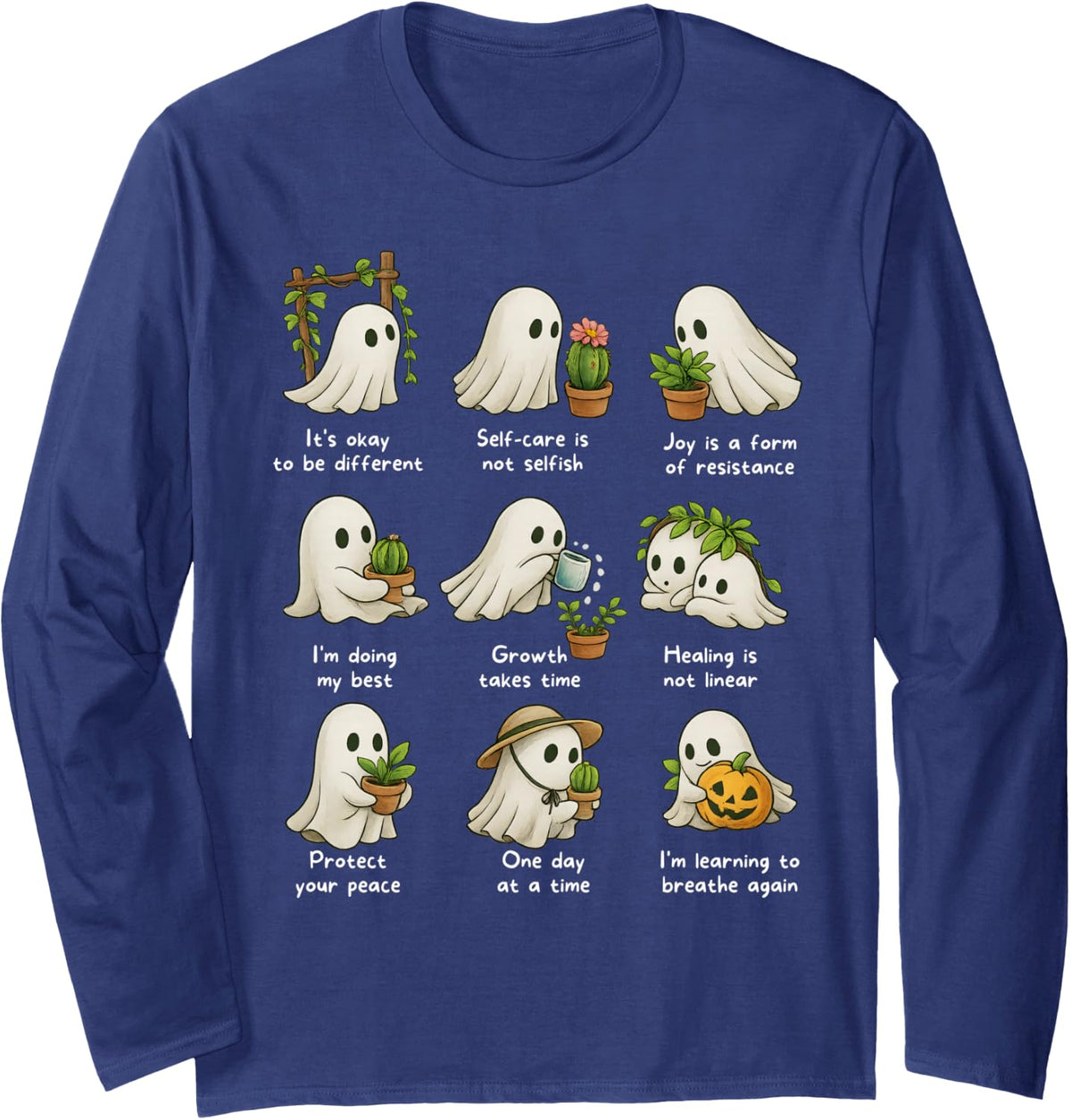 Mental Health Boo Ghost Planting Gardening Halloween Spooky Long Sleeve T-Shirt - Adult Unisex Navy Blue