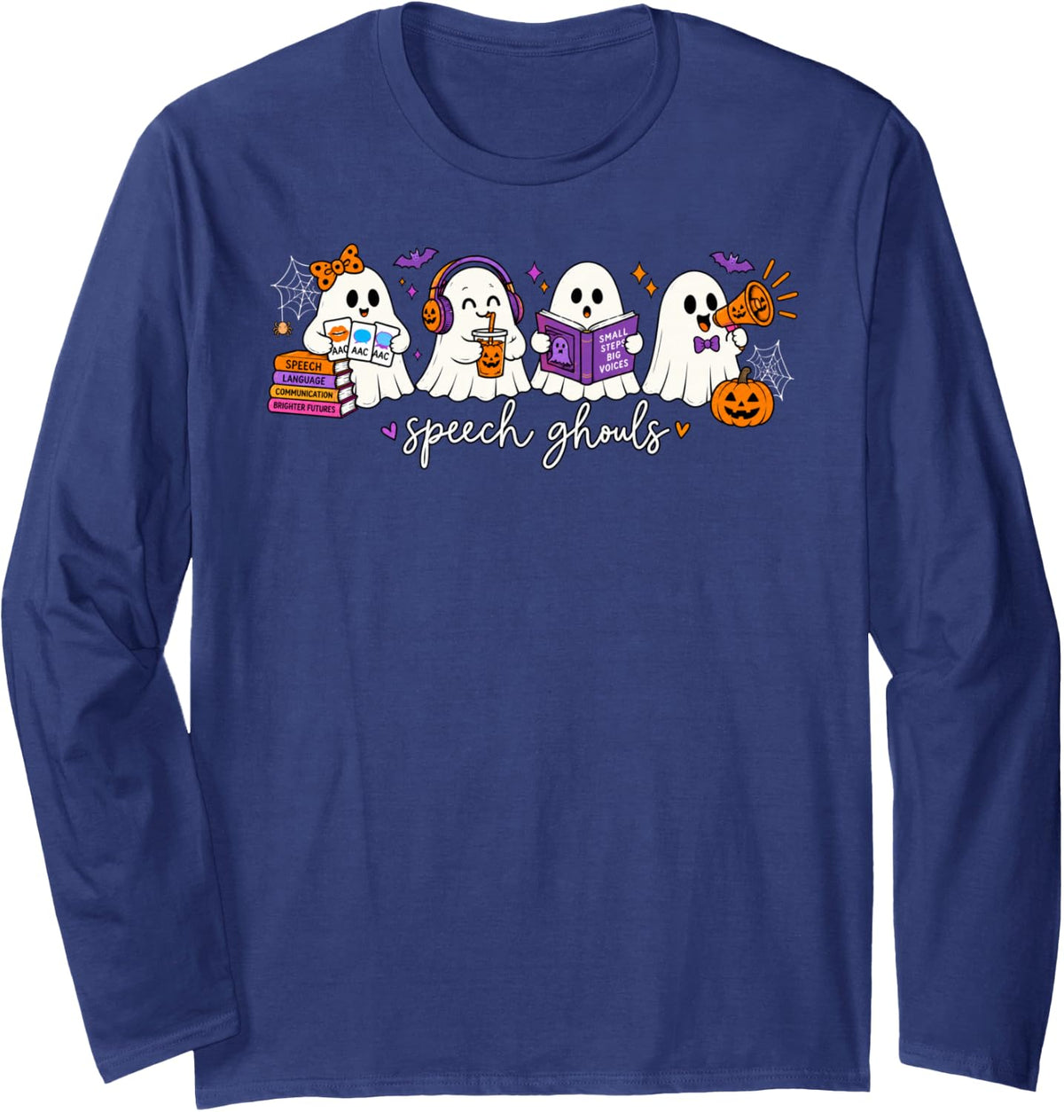 Cute Funny Ghosts Speech Ghouls Teacher SLP Halloween Long Sleeve T-Shirt - Adult Unisex Navy Blue