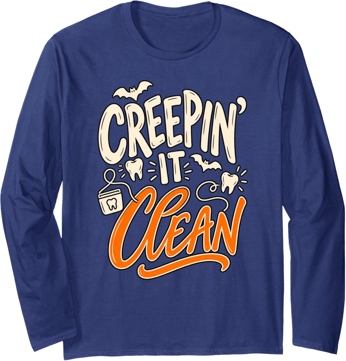 Halloween Dental Hygienist Spooky Teeth Cleaning Humor Long Sleeve T-Shirt - Adult Unisex Navy Blue
