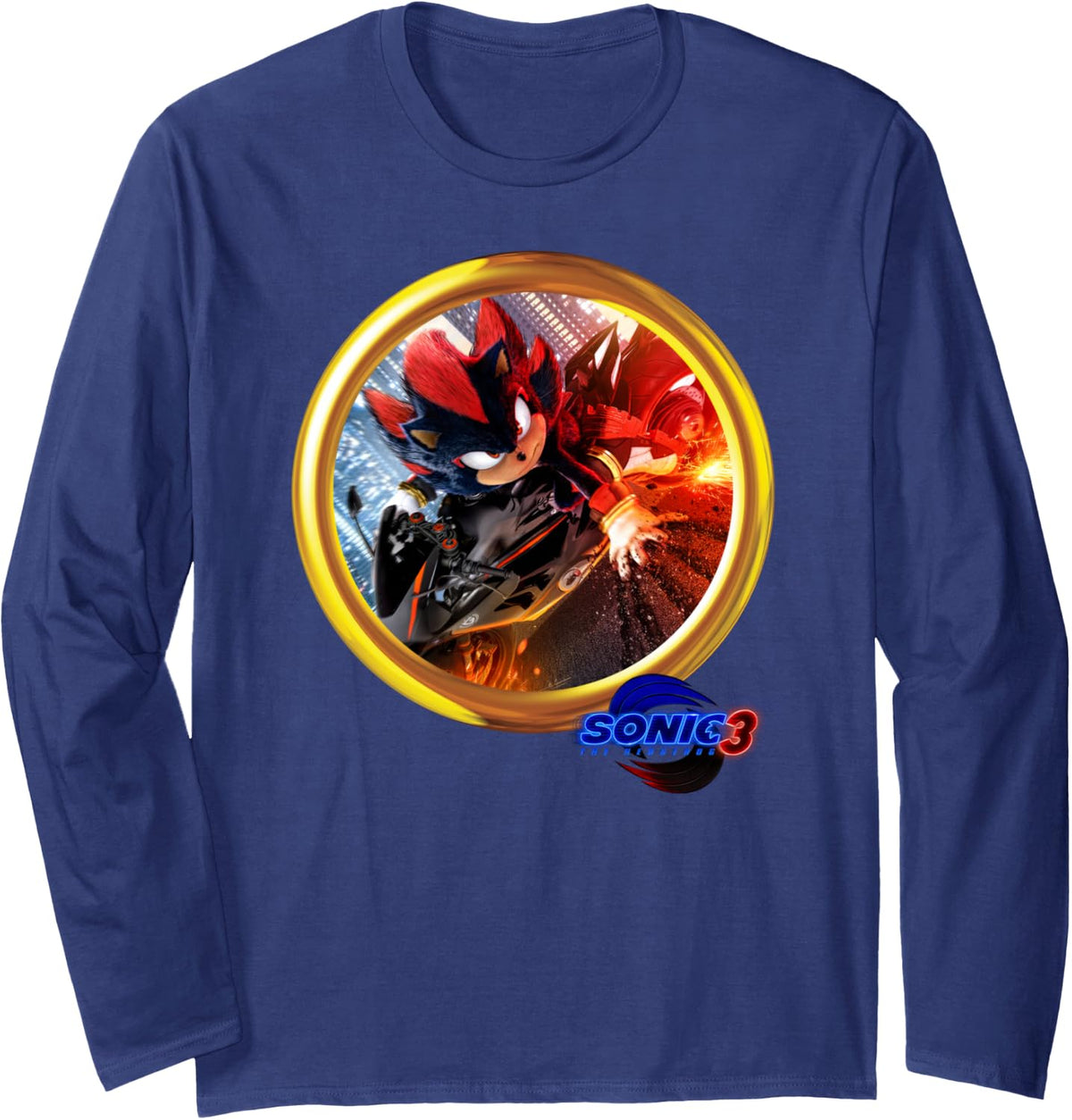 Sonic The Hedgehog 3 - Shadow Motorcycle Long Sleeve T-Shirt - Adult Unisex Navy Blue