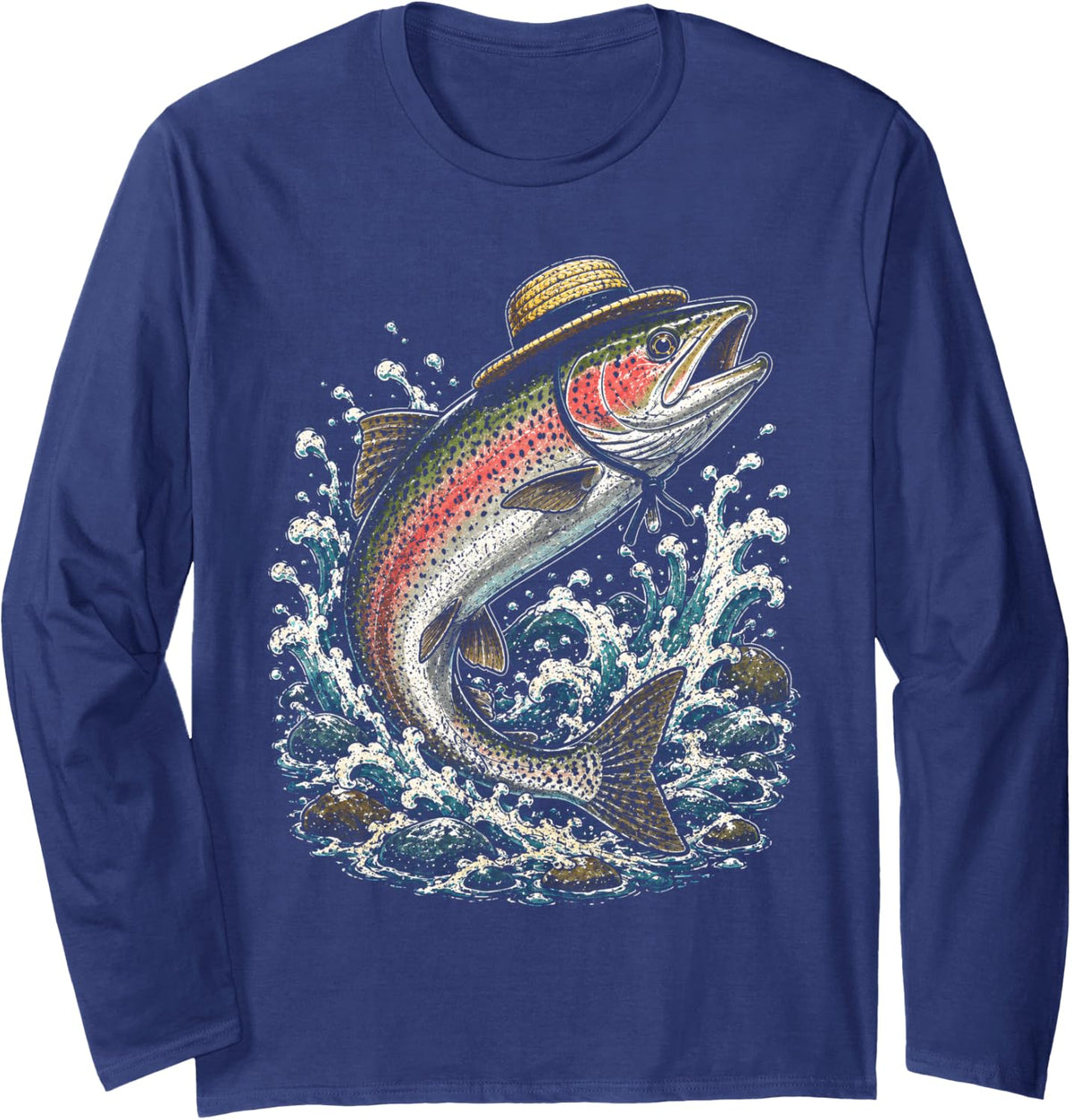 Trout Wearing Hat Fishing Angler Dad Father Long Sleeve T-Shirt - Adult Unisex Navy Blue