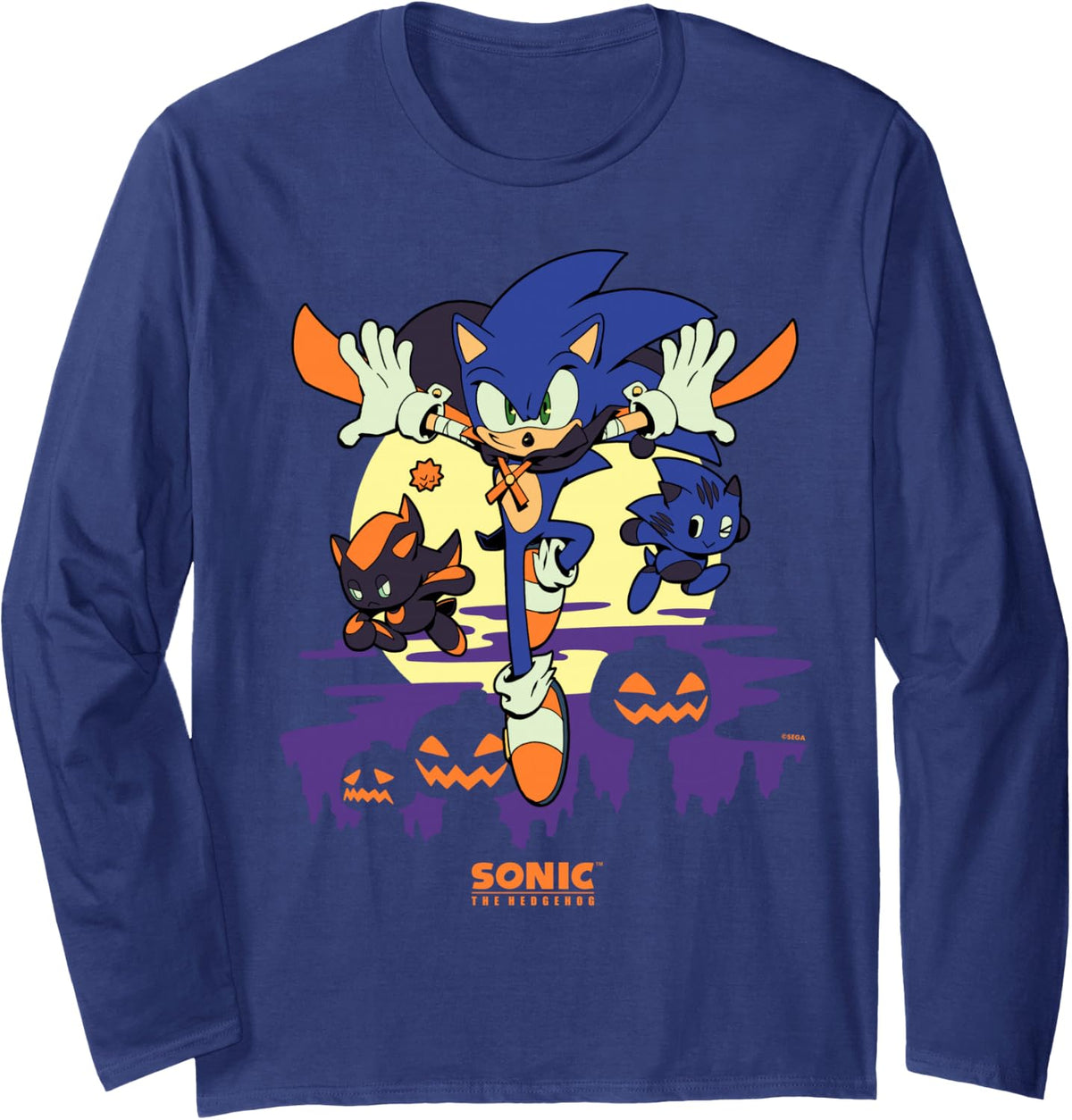 Sonic The Hedgehog - Chao Tales Halloween Moonlight Haunt Long Sleeve T-Shirt - Adult Unisex Navy Blue