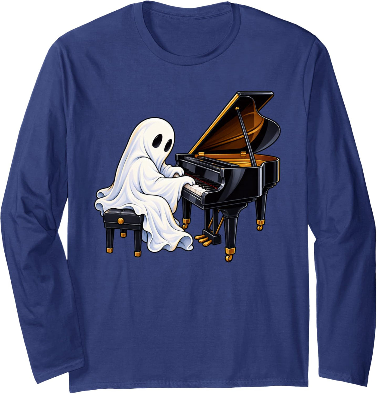 Cute Ghost Playing Piano Musician Music Halloween Long Sleeve T-Shirt - Adult Unisex Navy Blue