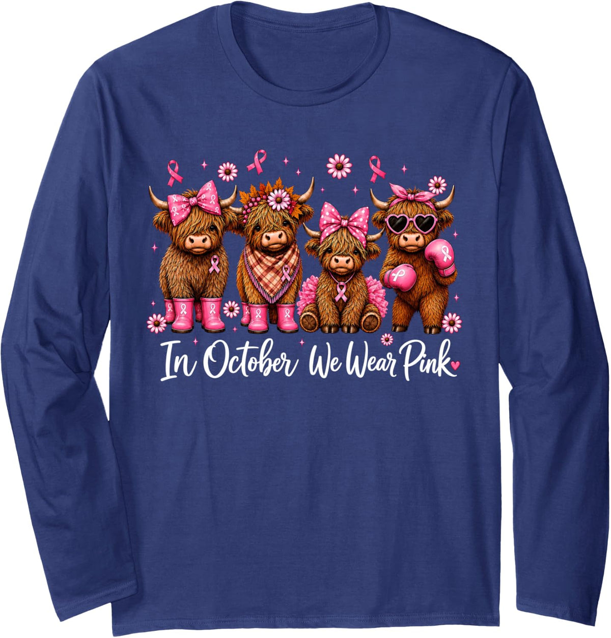 Pink Ribbon Coquette Bow Floral Highland Cow Breast Cancer Long Sleeve T-Shirt - Adult Unisex Navy Blue