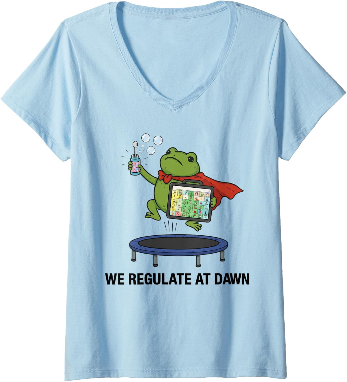Women's We Regulate At Dawn Frog AAC Speech Therapy Neurodiversity V-Neck T-Shirt - Baby Blue
