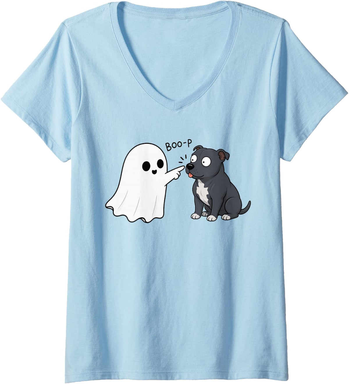 Women's Cute Staffordshire Bull Terrier Dog Boop Ghost Halloween V-Neck T-Shirt - Baby Blue