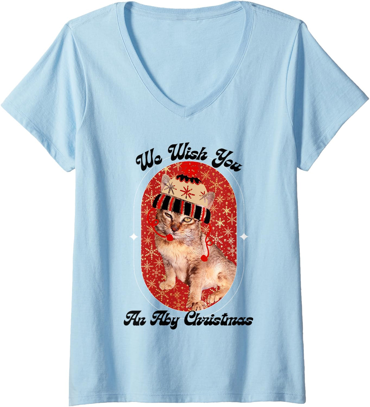 Women's Abyssinian Cat Christmas Hat and Snowflakes V-Neck T-Shirt - Baby Blue