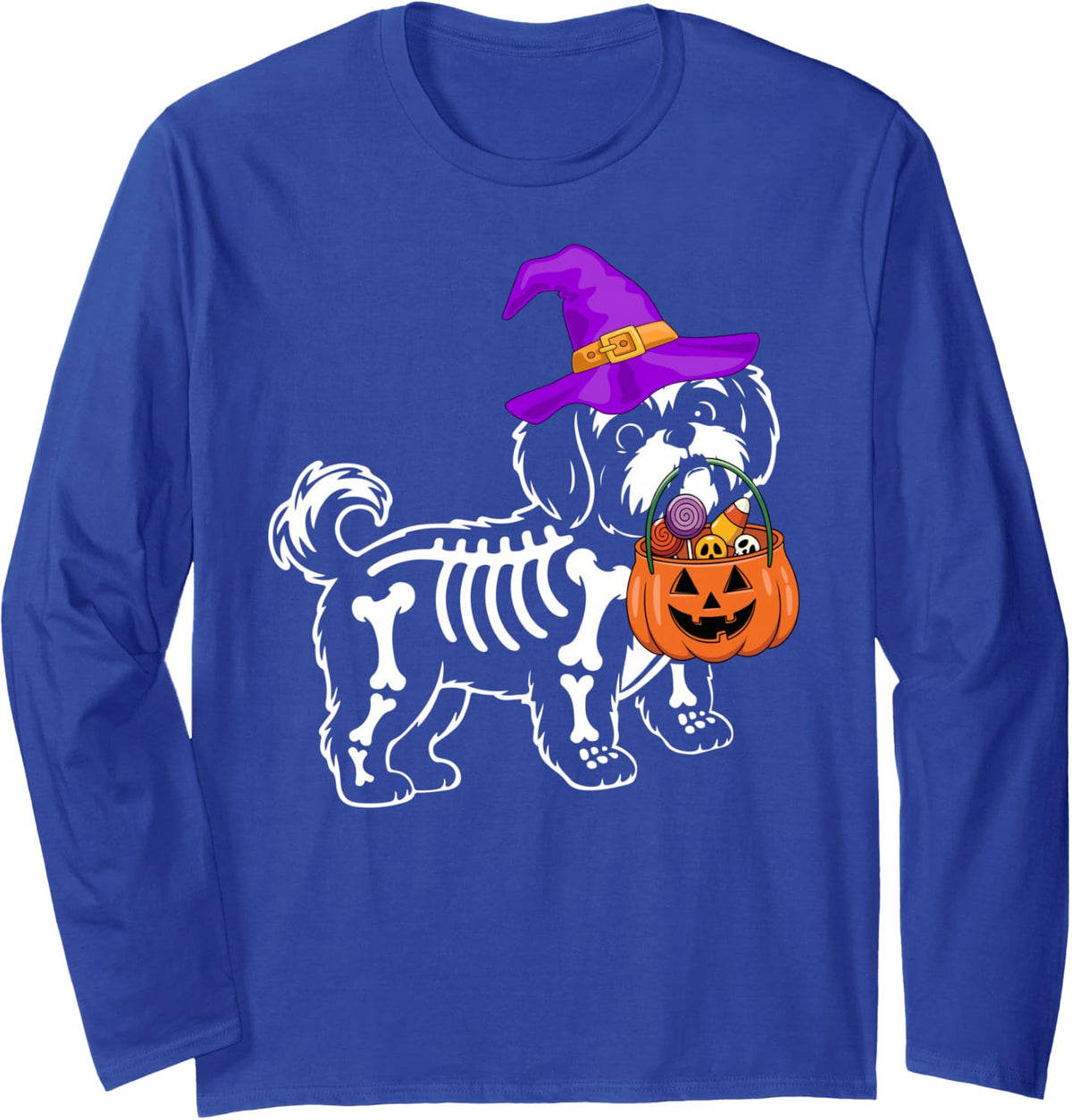 Shih Tzu Dog Halloween Spooky Skeleton Trick or Treat Long Sleeve T-Shirt - Adult Unisex Royal Blue