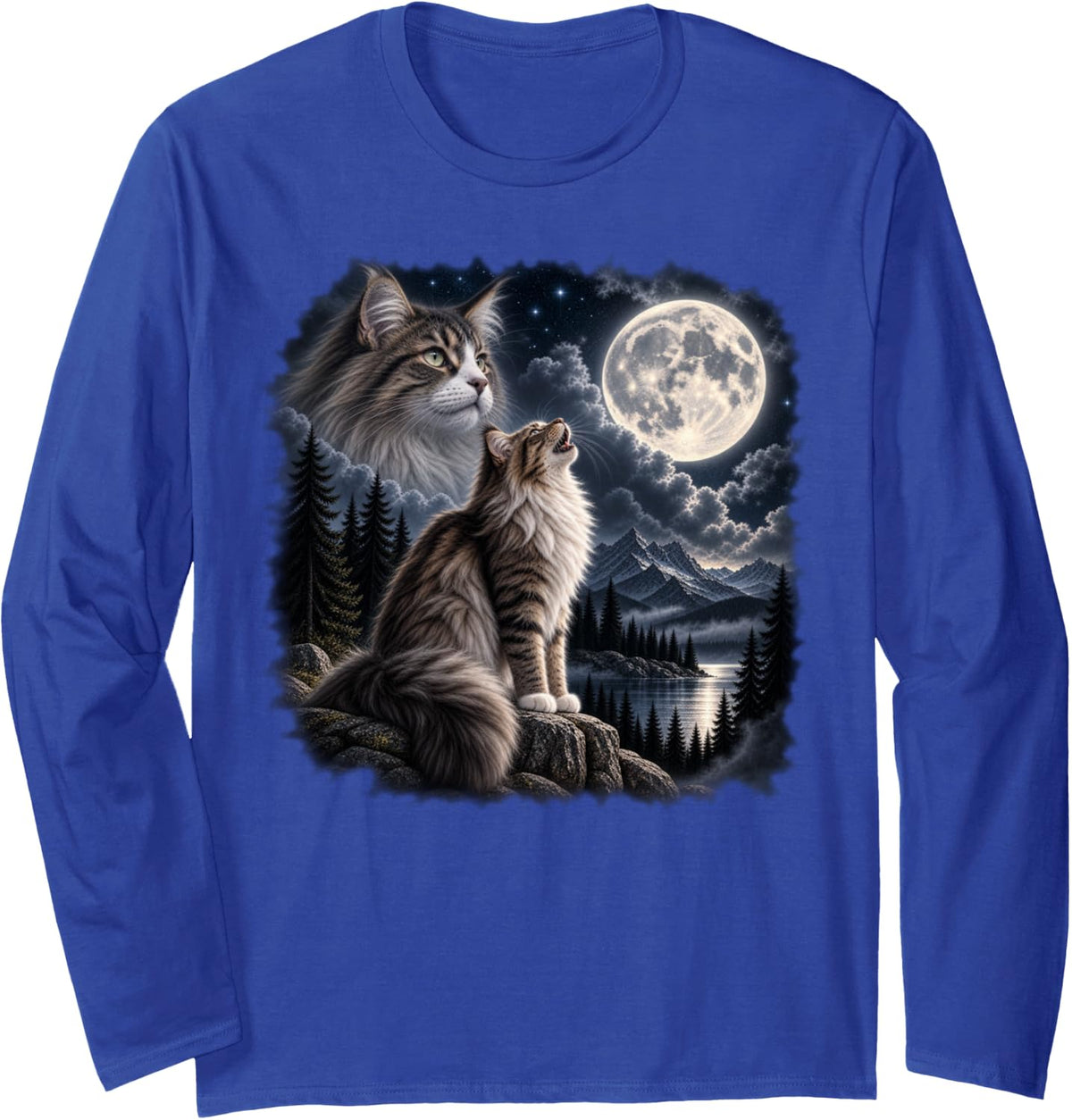 Norwegian Forest Cat Howling At The Moon Cat Lover Long Sleeve T-Shirt - Adult Unisex Royal Blue