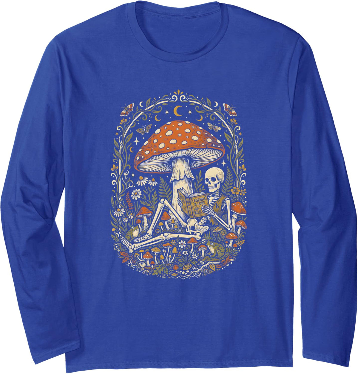 Skeleton Reading Book Under Mushroom Dark Academia Forest Long Sleeve T-Shirt - Adult Unisex Royal Blue
