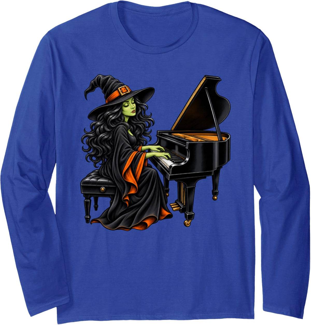 Witch Playing Piano Musician Music Halloween Long Sleeve T-Shirt - Adult Unisex Royal Blue