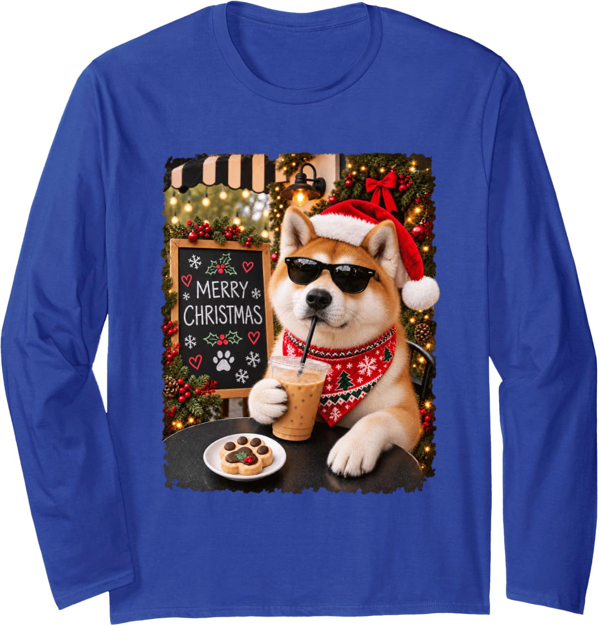 Merry Christmas Chill Akita Coffee Santa Hat Holiday Long Sleeve T-Shirt - Adult Unisex Royal Blue