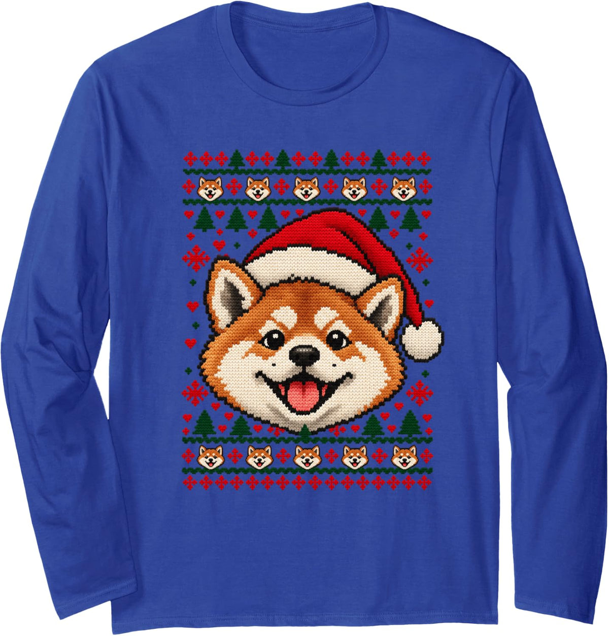 Happy Akita Christmas Dog Santa Hat Ugly Sweater Long Sleeve T-Shirt - Adult Unisex Royal Blue