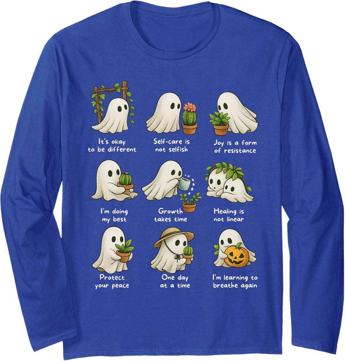 Mental Health Boo Ghost Planting Gardening Halloween Spooky Long Sleeve T-Shirt - Adult Unisex Royal Blue