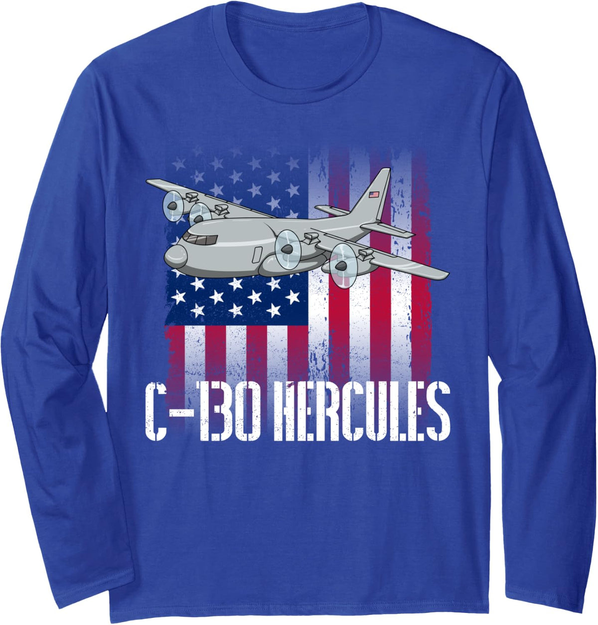 C-130 Hercules American Flag Military Airplane C130 Hercules Long Sleeve T-Shirt - Adult Unisex Royal Blue