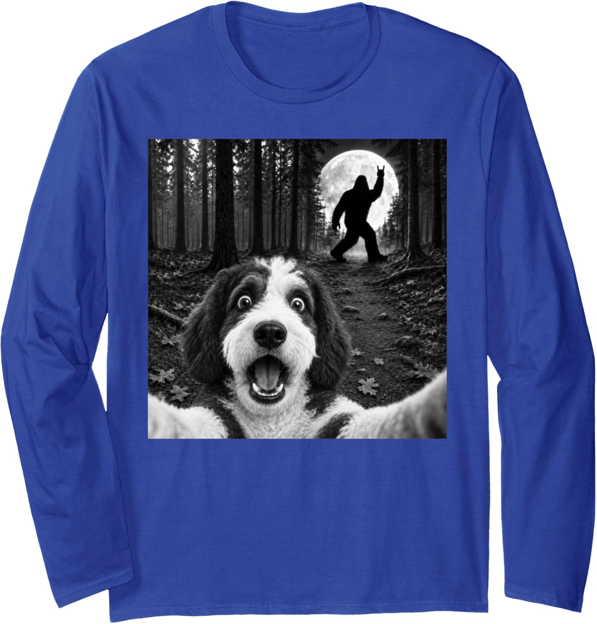 Sheepadoodle Selfie with Bigfoot Rock and Roll Dog Sasquatch Long Sleeve T-Shirt - Adult Unisex Royal Blue