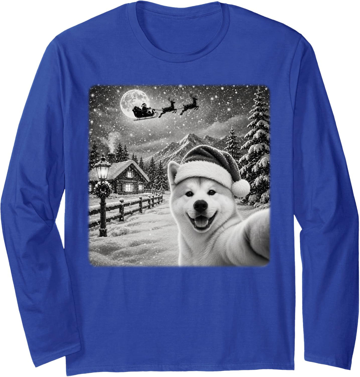 Xmas Moon Night Starry Santa Sleigh Akita Inu Dog Christmas Long Sleeve T-Shirt - Adult Unisex Royal Blue