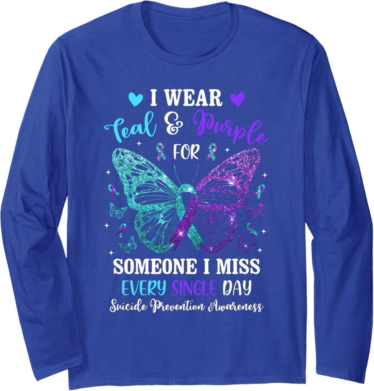 I Wear Teal & Purple Suicide Prevention Awareness Butterfly Long Sleeve T-Shirt - Adult Unisex Royal Blue