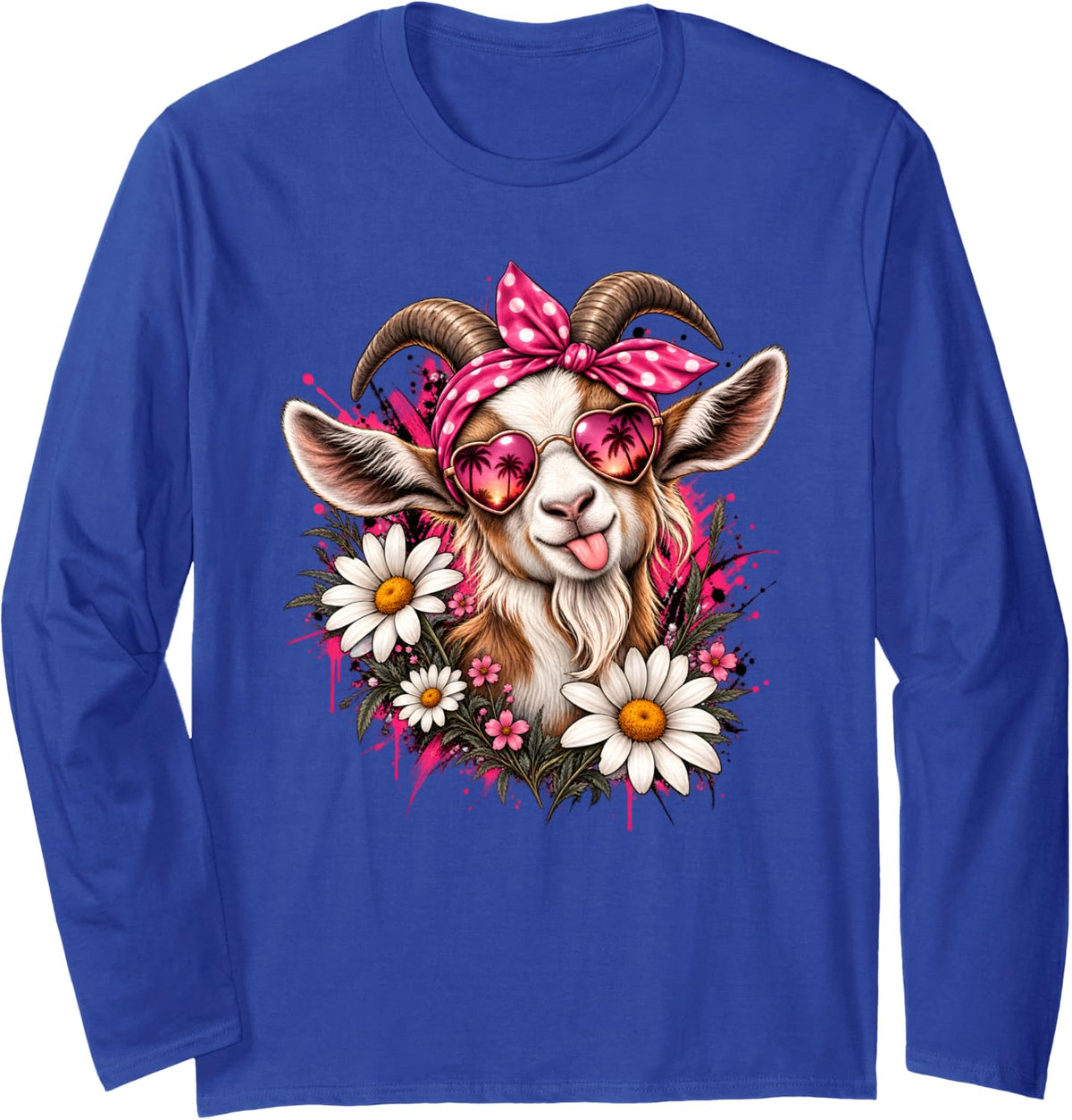 Goat Lover Sunglasses Flower Farm Animal Farming Long Sleeve T-Shirt - Adult Unisex Royal Blue