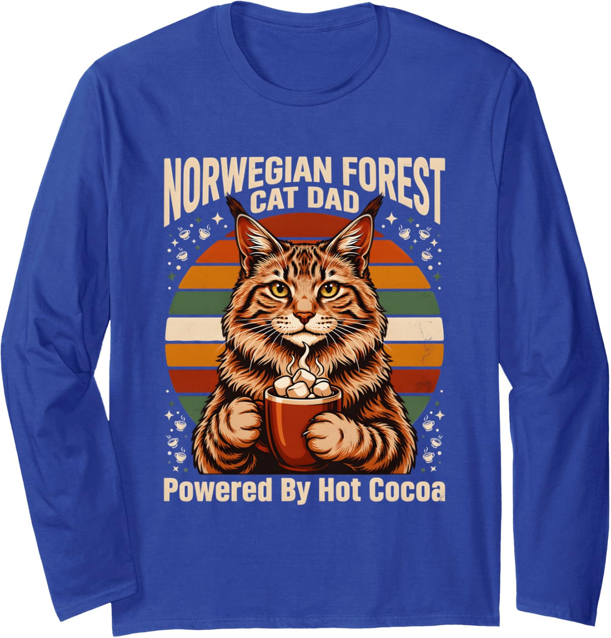 Norwegian Forest Cat Dad Powered By Hot Cocoa Long Sleeve T-Shirt - Adult Unisex Royal Blue