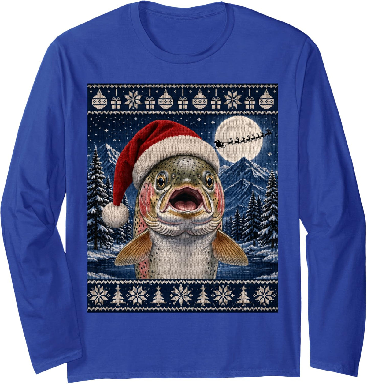 Trout Fish Santa Ugly Christmas Long Sleeve T-Shirt - Adult Unisex Royal Blue