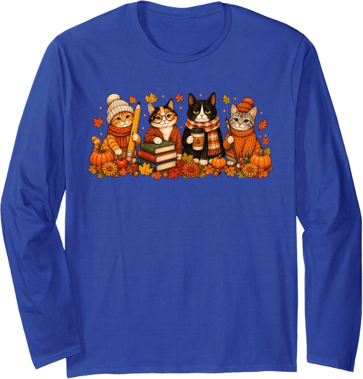 Cute Cat Teacher Thanksgiving Fall School Books Pumpkin Long Sleeve T-Shirt - Adult Unisex Royal Blue
