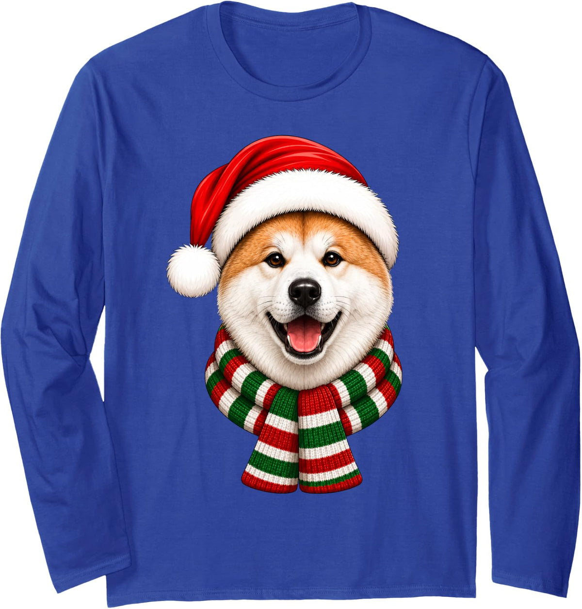 Akita Inu Dog Christmas Santa Hat Scarf Festive Xmas Long Sleeve T-Shirt - Adult Unisex Royal Blue