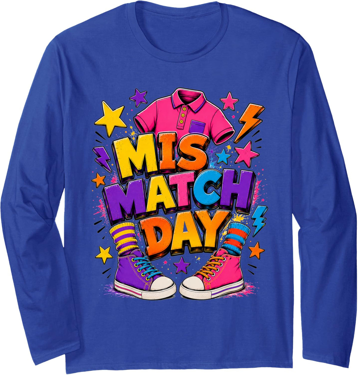 Crazy Socks Mismatch Day School Spirit Design Long Sleeve T-Shirt - Adult Unisex Royal Blue