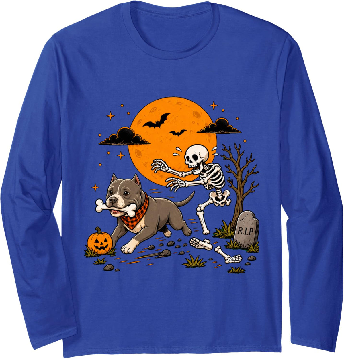 Halloween Dog Skeleton Funny Pit Bull/American Bully Women Long Sleeve T-Shirt - Adult Unisex Royal Blue