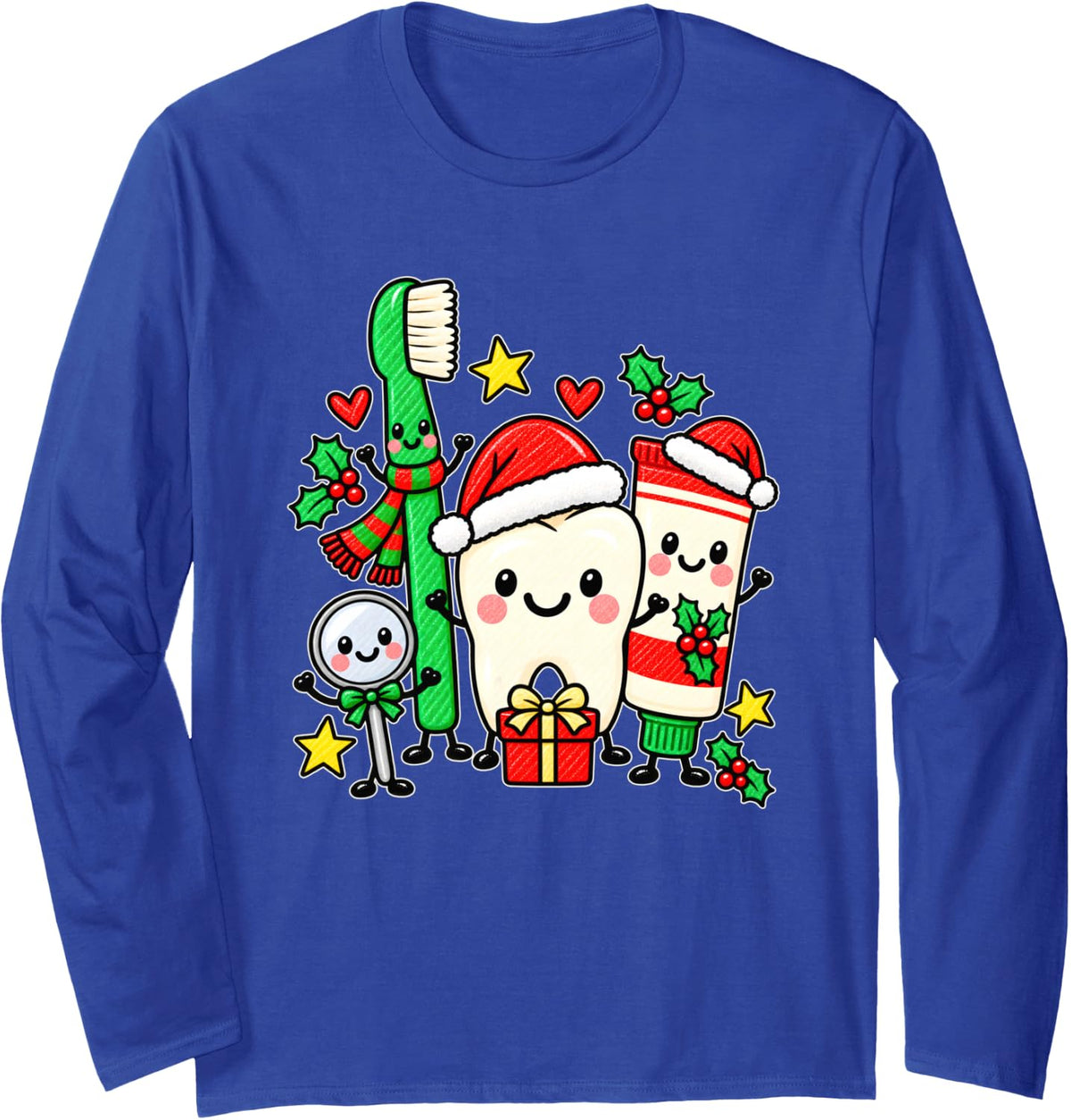 Christmas Dentist Dental Tools Doodle Hygienist Holiday Long Sleeve T-Shirt - Adult Unisex Royal Blue