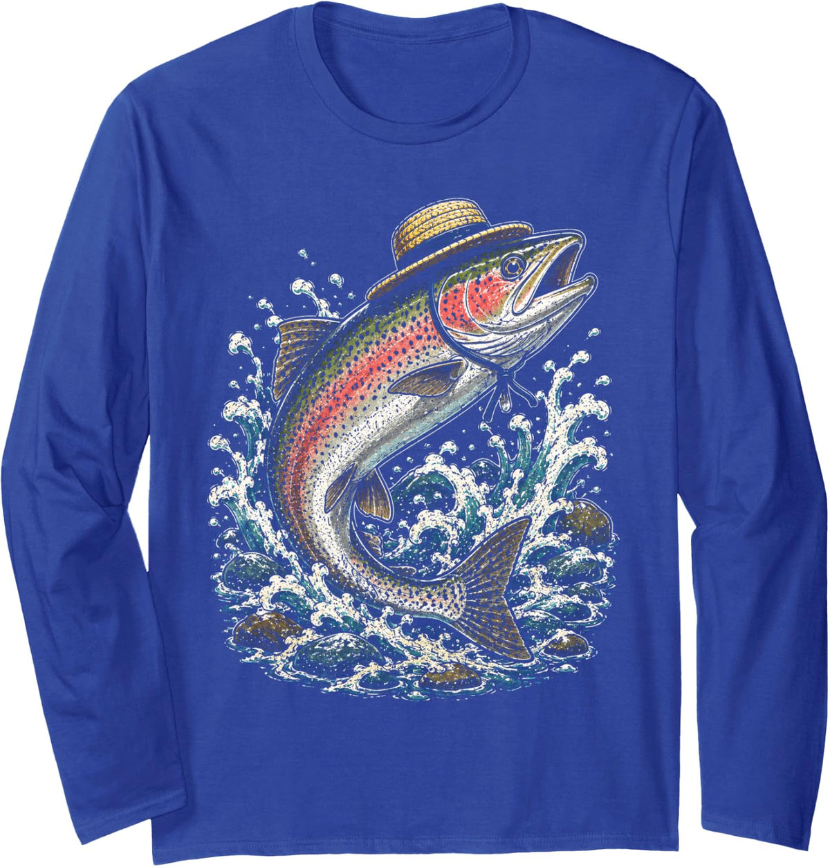 Trout Wearing Hat Fishing Angler Dad Father Long Sleeve T-Shirt - Adult Unisex Royal Blue