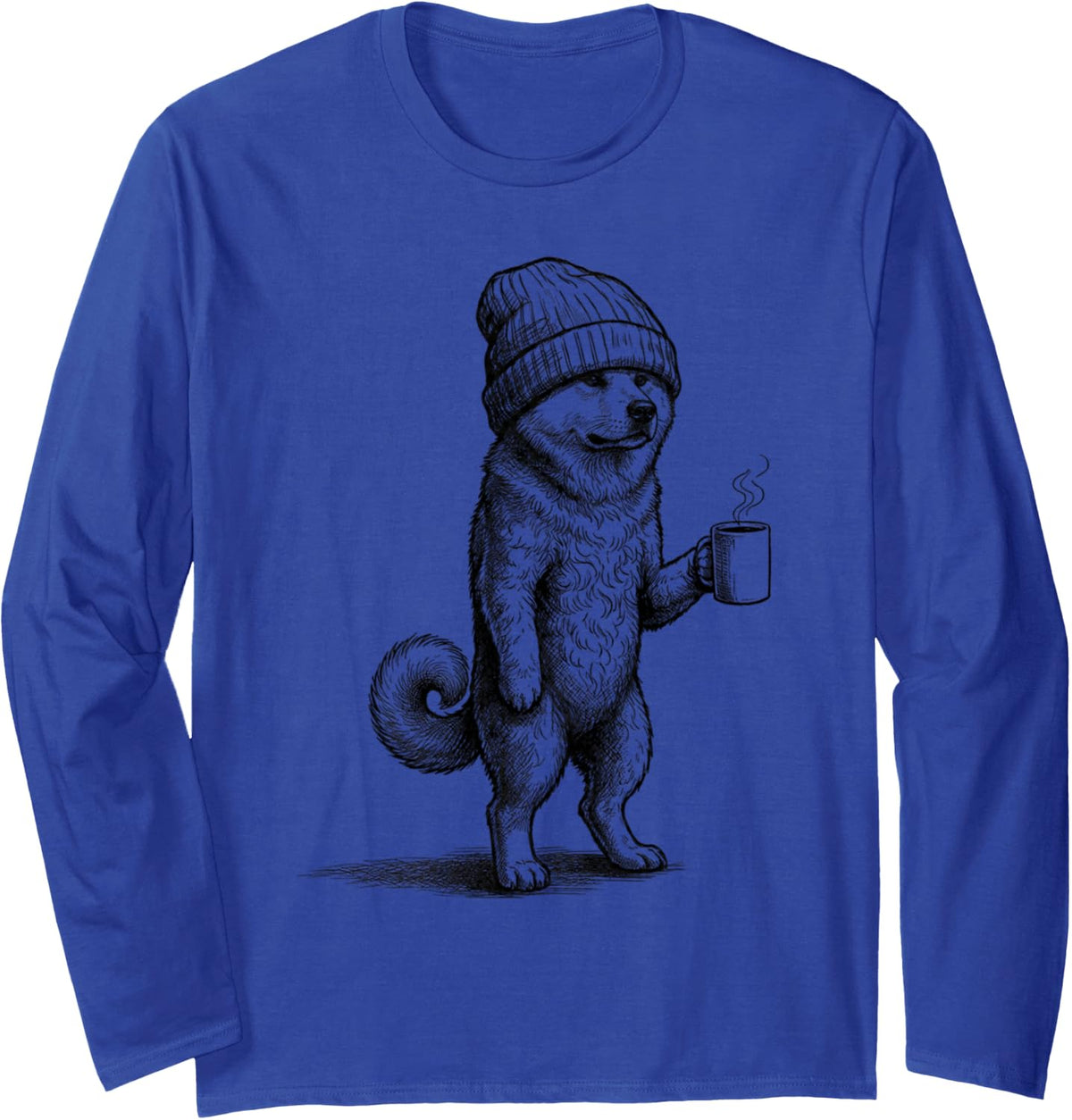 Grumpy Akita Dog Drinking Coffee Funny Long Sleeve T-Shirt - Adult Unisex Royal Blue