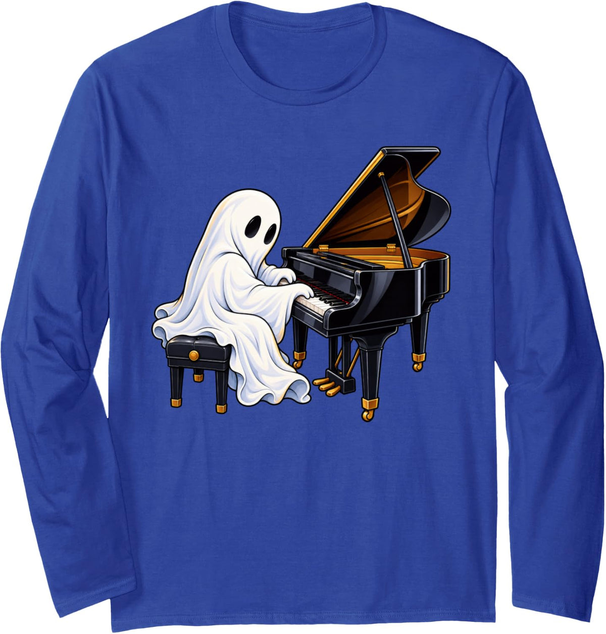 Cute Ghost Playing Piano Musician Music Halloween Long Sleeve T-Shirt - Adult Unisex Royal Blue