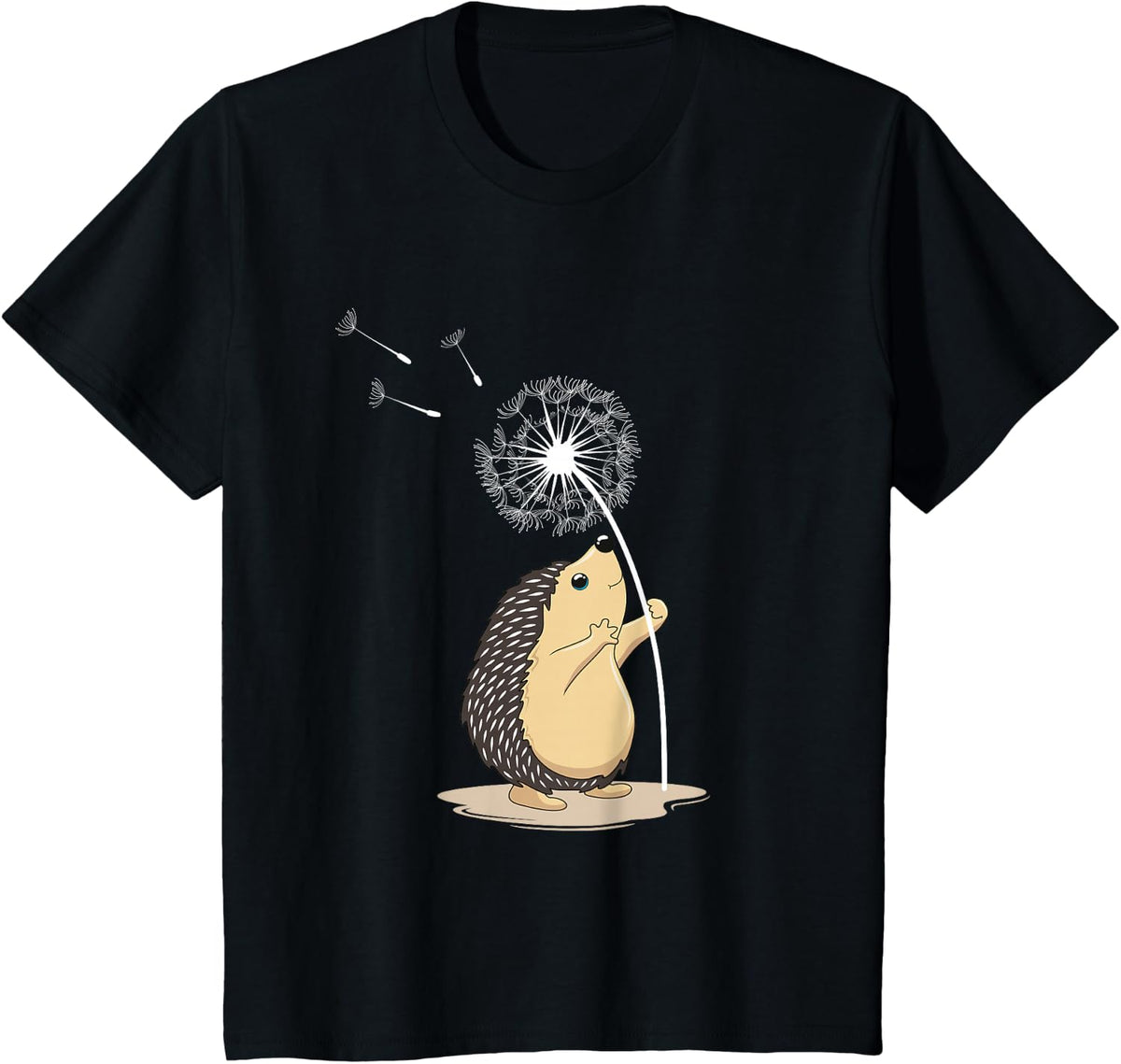 Dandelion Flower Print Lucky Charm Hedgehog T-Shirt - Black