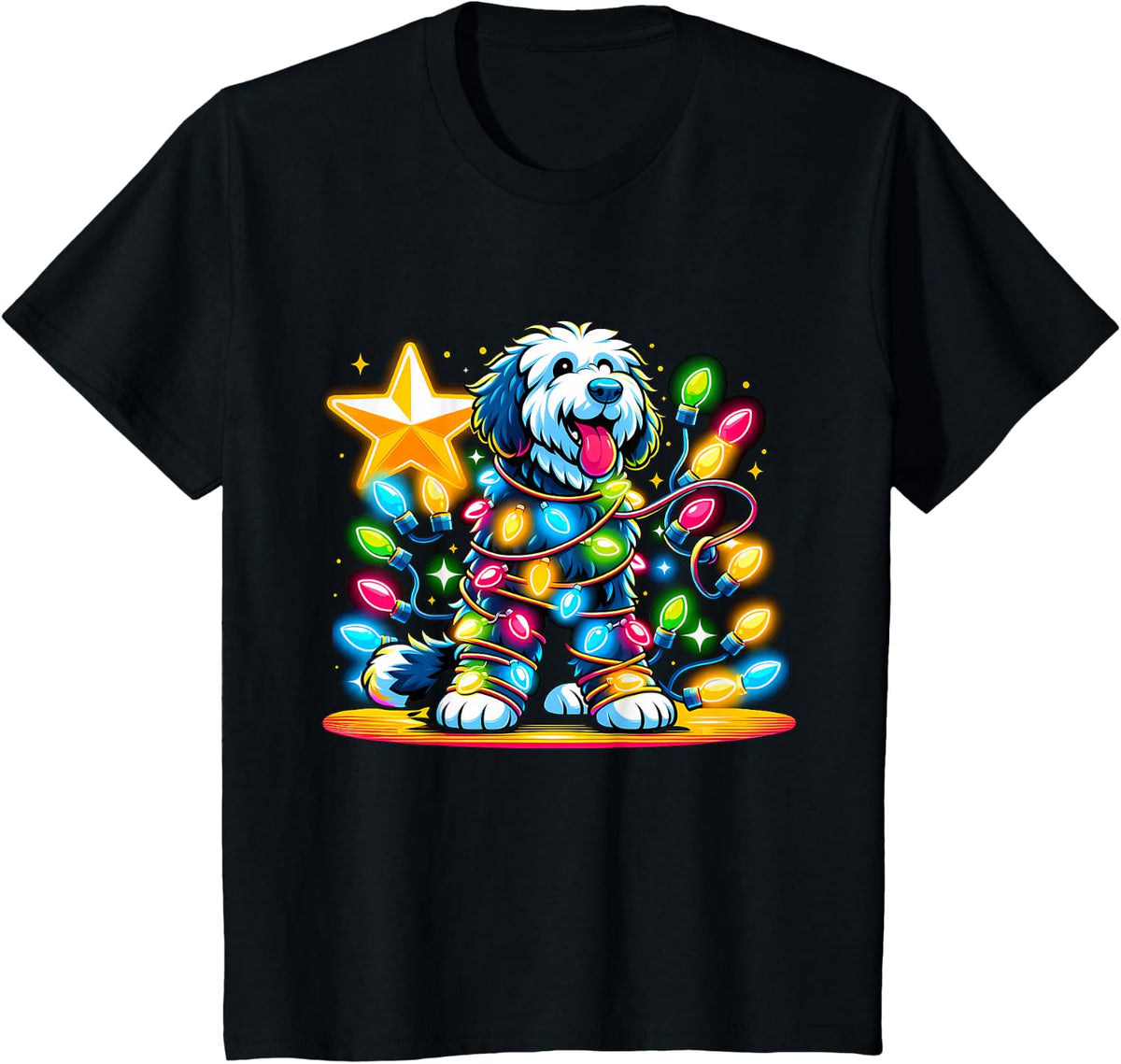 Xmas Sheepadoodle Dog Tangled Christmas Lights T-Shirt for Men Women Kids - Black