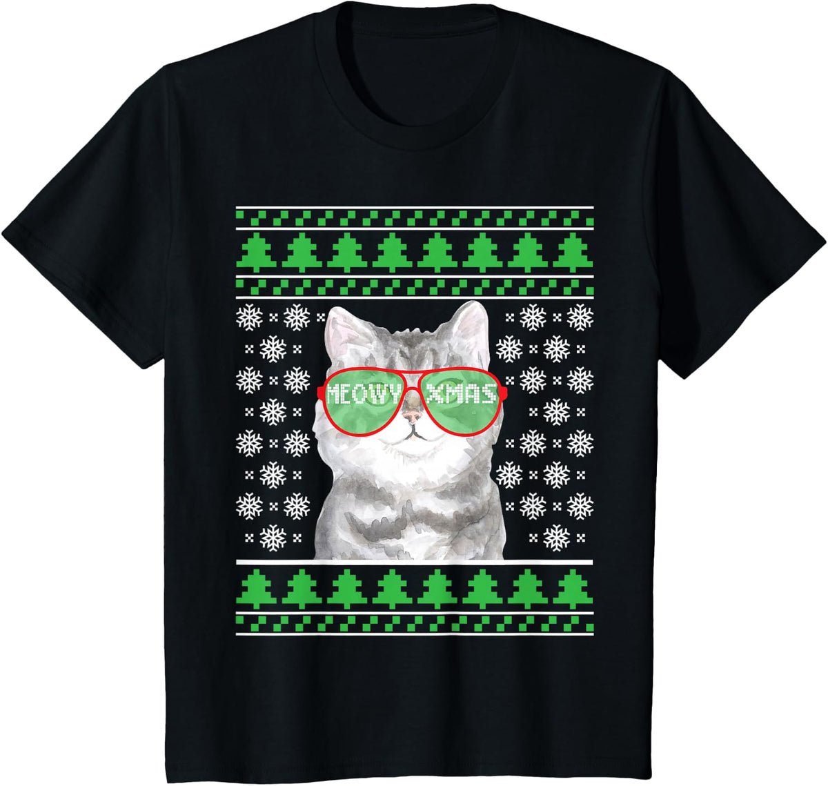 Cat with Sunglasses Meowy Ugly Christmas Sweater T-Shirt - Black