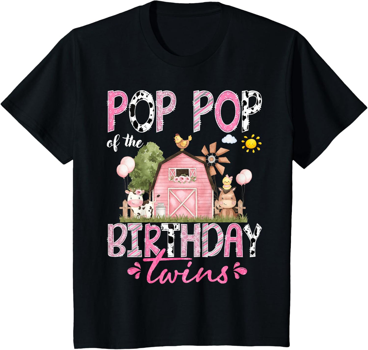 Pop Pop of The Birthday Twins Pink Barnyard Farm Animals T-Shirt - Black